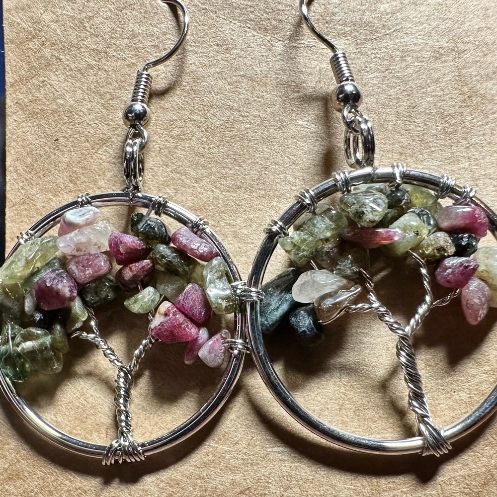 Tourmaline Chip Tree Of Life Earrings.Stainless steel fish hook ear wires.